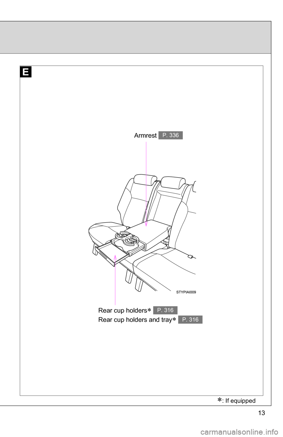 TOYOTA 4RUNNER 2009 N280 / 5.G User Guide 13
Rear cup holders
Rear cup holders and tray
P. 316
P. 316
Armrest P. 336
: If equipped TOYOTA 4RUNNER 2009 N280 / 5.G User Guide 13
Rear cup holders
Rear cup holders and tray
P. 316
P. 316
Armrest P. 336
: If equipped