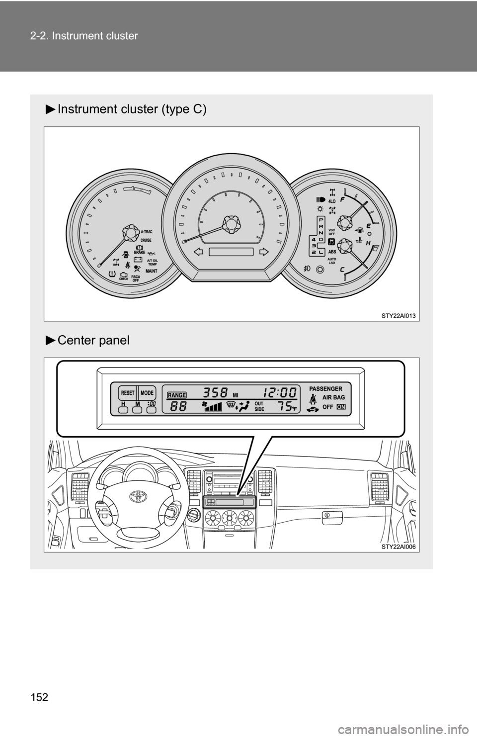 TOYOTA 4RUNNER 2009 N280 / 5.G Owners Manual 152 2-2. Instrument cluster
Instrument cluster (type C)
Center panel 