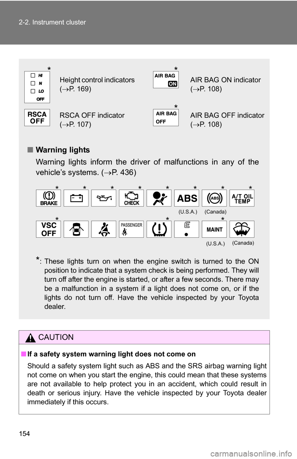 TOYOTA 4RUNNER 2009 N280 / 5.G Owners Manual 154 2-2. Instrument cluster
CAUTION
â– If a safety system warning light does not come on
Should a safety system light such as ABS and the SRS airbag warning light
not come on when you start the engin TOYOTA 4RUNNER 2009 N280 / 5.G Owners Manual 154 2-2. Instrument cluster
CAUTION
â– If a safety system warning light does not come on
Should a safety system light such as ABS and the SRS airbag warning light
not come on when you start the engin