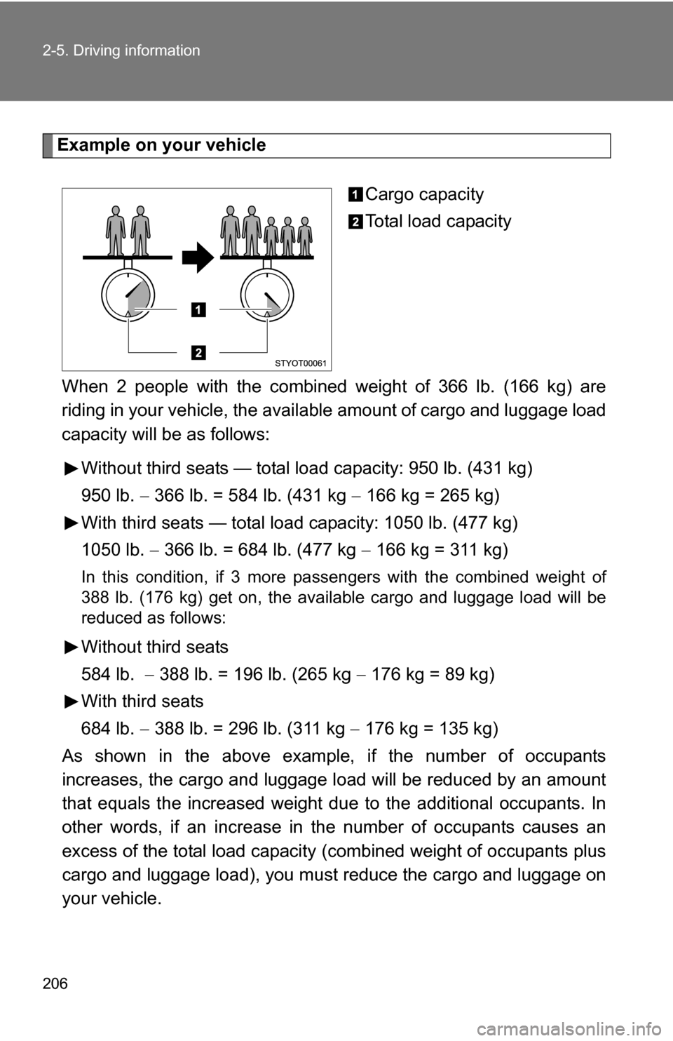 TOYOTA 4RUNNER 2009 N280 / 5.G Owners Manual 206 2-5. Driving information
Example on your vehicleCargo capacity
Total load capacity
When 2 people with the combined weight of 366 lb. (166 kg) are
riding in your vehicle, the ava ilable amount of c TOYOTA 4RUNNER 2009 N280 / 5.G Owners Manual 206 2-5. Driving information
Example on your vehicleCargo capacity
Total load capacity
When 2 people with the combined weight of 366 lb. (166 kg) are
riding in your vehicle, the ava ilable amount of c