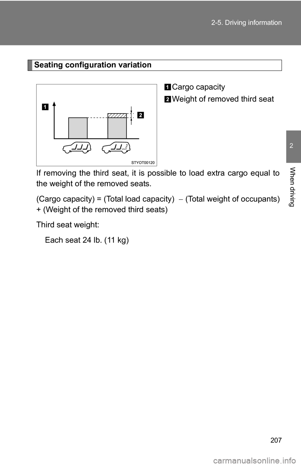 TOYOTA 4RUNNER 2009 N280 / 5.G Owners Manual 207
2-5. Driving information
2
When driving
Seating configuration variation
Cargo capacity
Weight of removed third seat
If removing the third seat, it is possible to load extra cargo equal to
the weig TOYOTA 4RUNNER 2009 N280 / 5.G Owners Manual 207
2-5. Driving information
2
When driving
Seating configuration variation
Cargo capacity
Weight of removed third seat
If removing the third seat, it is possible to load extra cargo equal to
the weig