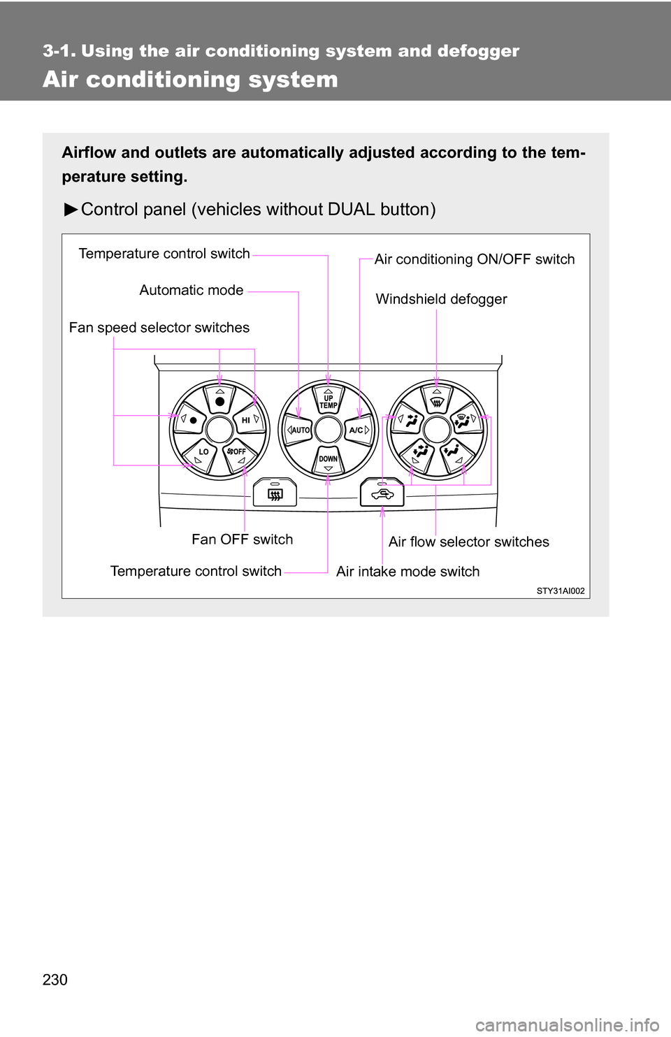 TOYOTA 4RUNNER 2009 N280 / 5.G Owners Manual 230
3-1. Using the air conditioning system and defogger
Air conditioning system
Airflow and outlets are automatically adjusted according to the tem-
perature setting.
Control panel (vehicle s without TOYOTA 4RUNNER 2009 N280 / 5.G Owners Manual 230
3-1. Using the air conditioning system and defogger
Air conditioning system
Airflow and outlets are automatically adjusted according to the tem-
perature setting.
Control panel (vehicle s without