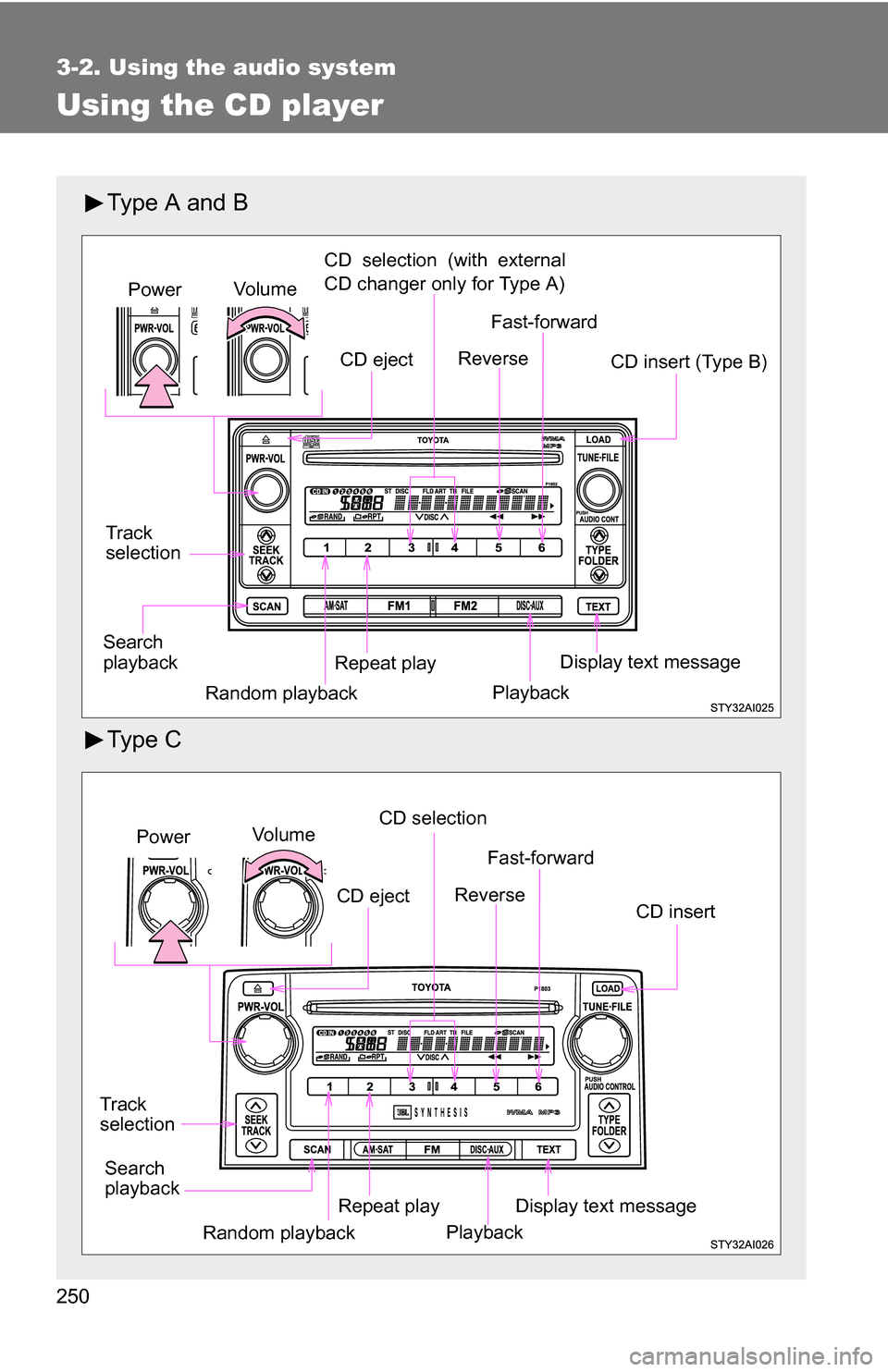 TOYOTA 4RUNNER 2009 N280 / 5.G Owners Manual 250
3-2. Using the audio system
Using the CD player
Type A and B
Ty p e C
Vo lu m eCD selection (with external
CD changer only for Type A)
Track
selection CD insert (Type B)
Repeat playPower
Random TOYOTA 4RUNNER 2009 N280 / 5.G Owners Manual 250
3-2. Using the audio system
Using the CD player
Type A and B
Ty p e C
Vo lu m eCD selection (with external
CD changer only for Type A)
Track
selection CD insert (Type B)
Repeat playPower
Random
