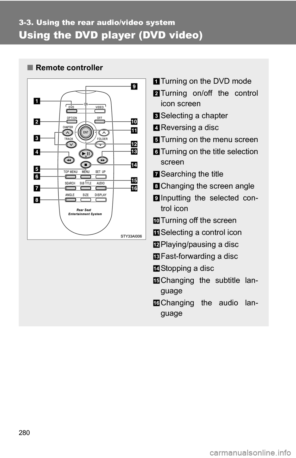 TOYOTA 4RUNNER 2009 N280 / 5.G Owners Manual 280
3-3. Using the rear audio/video system
Using the DVD player (DVD video)
■Remote controller
Turning on the DVD mode 
Turning on/off the control
icon screen
Selecting a chapter
Reversing a disc
Tu