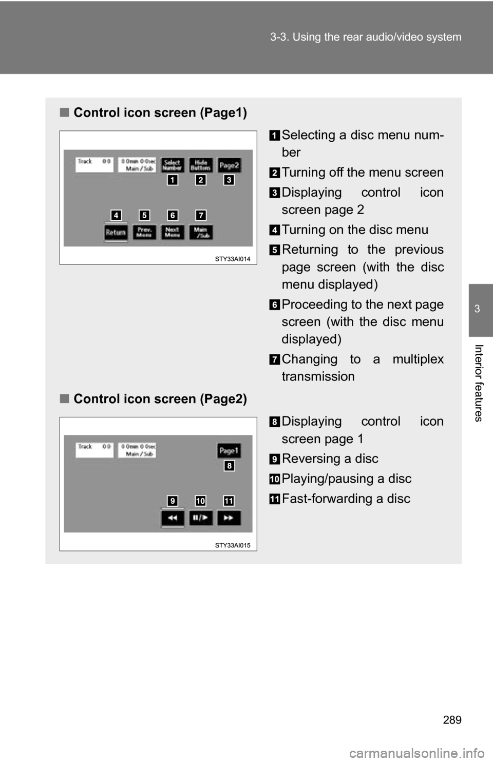 TOYOTA 4RUNNER 2009 N280 / 5.G Owners Manual 289
3-3. Using the rear audio/video system
3
Interior features
■
Control icon screen (Page1)
Selecting a disc menu num-
ber
Turning off the menu screen
Displaying control icon
screen page 2
Turning TOYOTA 4RUNNER 2009 N280 / 5.G Owners Manual 289
3-3. Using the rear audio/video system
3
Interior features
■
Control icon screen (Page1)
Selecting a disc menu num-
ber
Turning off the menu screen
Displaying control icon
screen page 2
Turning