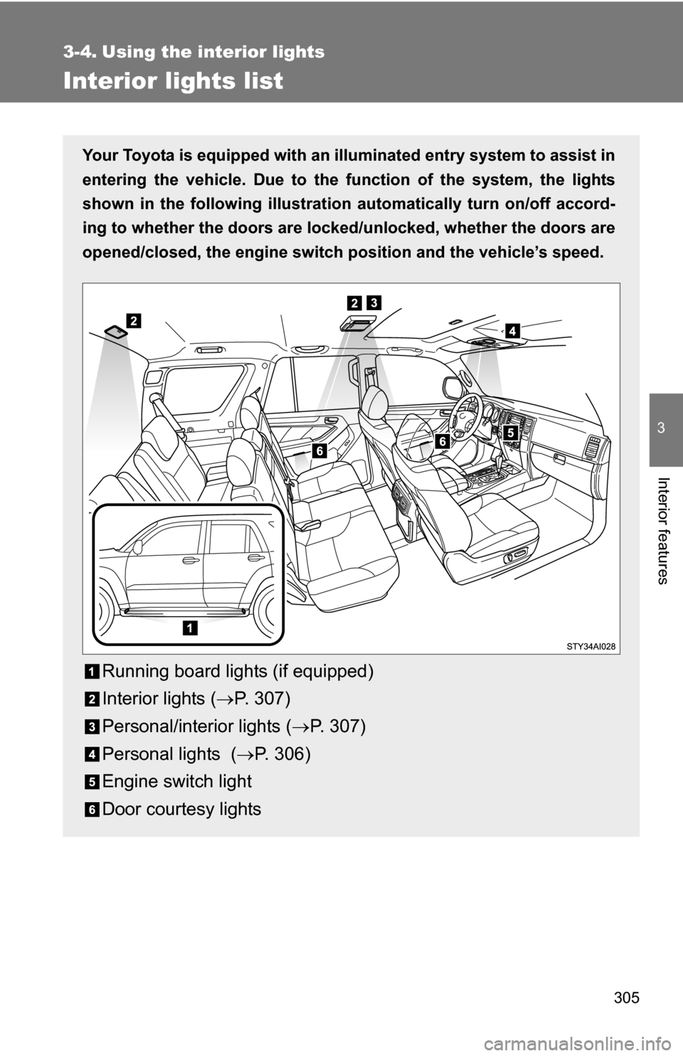 TOYOTA 4RUNNER 2009 N280 / 5.G Owners Manual 305
3
Interior features
3-4. Using the interior lights
Interior lights list
Your Toyota is equipped with an illuminated entry system to assist in
entering the vehicle. Due to the function of the syste