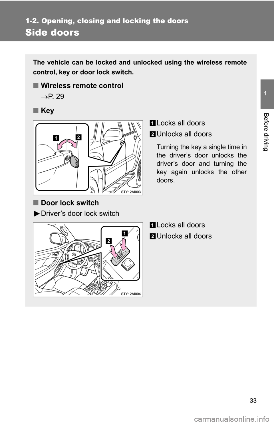 TOYOTA 4RUNNER 2009 N280 / 5.G Owners Guide 33
1
1-2. Opening, closing and locking the doors
Before driving
Side doors
The vehicle can be locked and unlocked using the wireless remote
control, key or door lock switch.
■Wireless remote control TOYOTA 4RUNNER 2009 N280 / 5.G Owners Guide 33
1
1-2. Opening, closing and locking the doors
Before driving
Side doors
The vehicle can be locked and unlocked using the wireless remote
control, key or door lock switch.
■Wireless remote control
