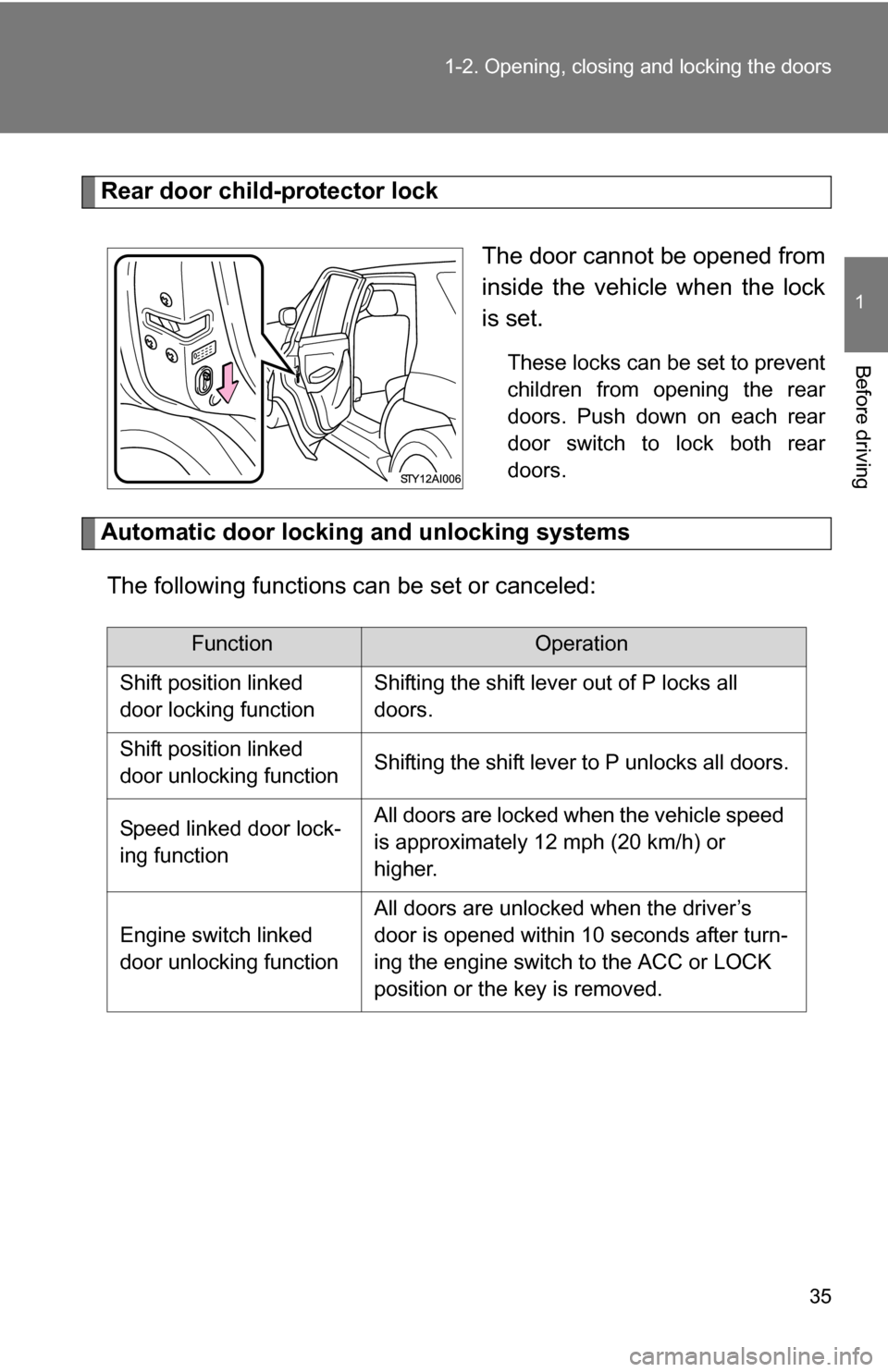 TOYOTA 4RUNNER 2009 N280 / 5.G Owners Guide 35
1-2. Opening, closing and locking the doors
1
Before driving
Rear door child-protector lock
The door cannot be opened from
inside the vehicle when the lock
is set.
These locks can be set to preven TOYOTA 4RUNNER 2009 N280 / 5.G Owners Guide 35
1-2. Opening, closing and locking the doors
1
Before driving
Rear door child-protector lock
The door cannot be opened from
inside the vehicle when the lock
is set.
These locks can be set to preven