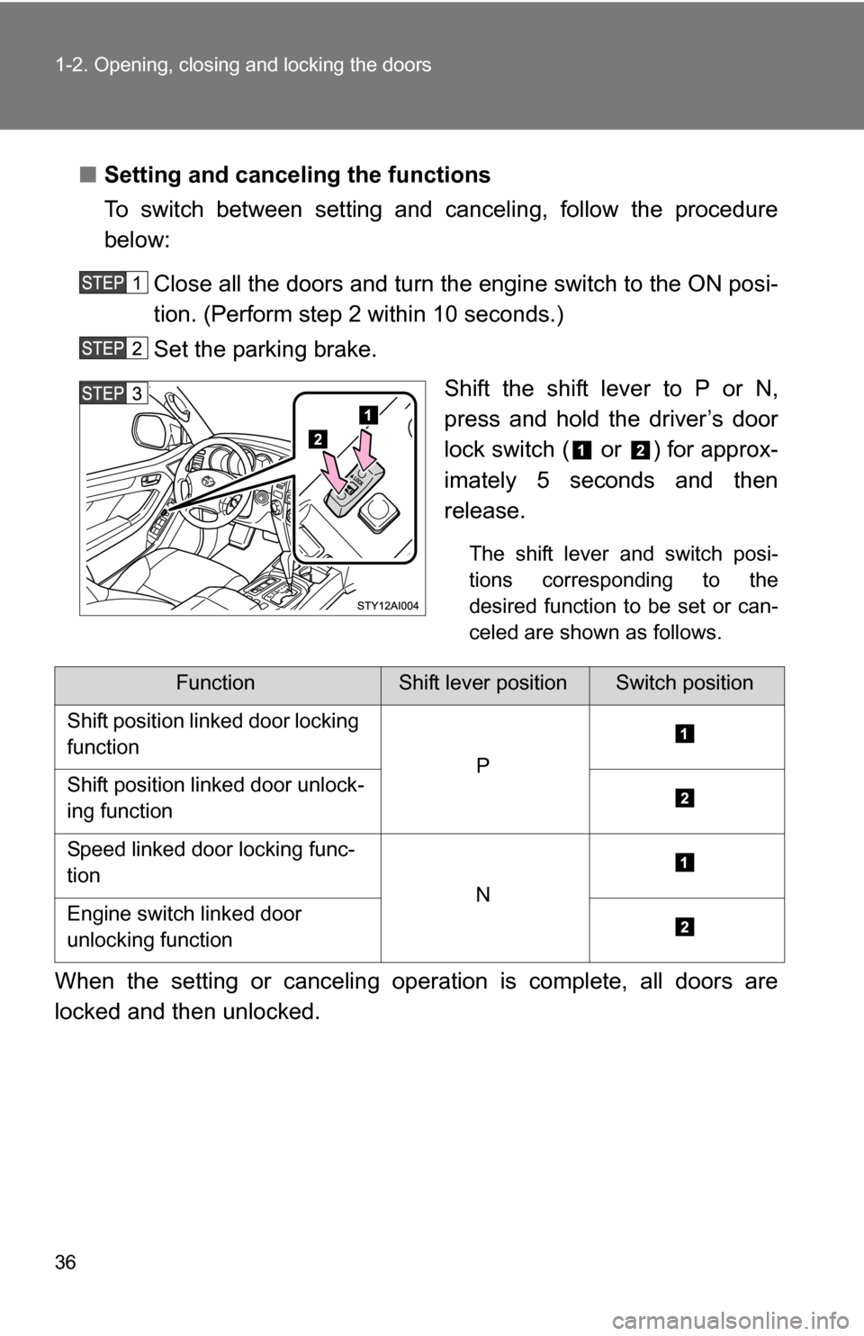 TOYOTA 4RUNNER 2009 N280 / 5.G Owners Guide 36 1-2. Opening, closing and locking the doors
■Setting and canceling the functions
To switch between setting and canceling, follow the procedure
below:
Close all the doors and turn the engine switc TOYOTA 4RUNNER 2009 N280 / 5.G Owners Guide 36 1-2. Opening, closing and locking the doors
■Setting and canceling the functions
To switch between setting and canceling, follow the procedure
below:
Close all the doors and turn the engine switc