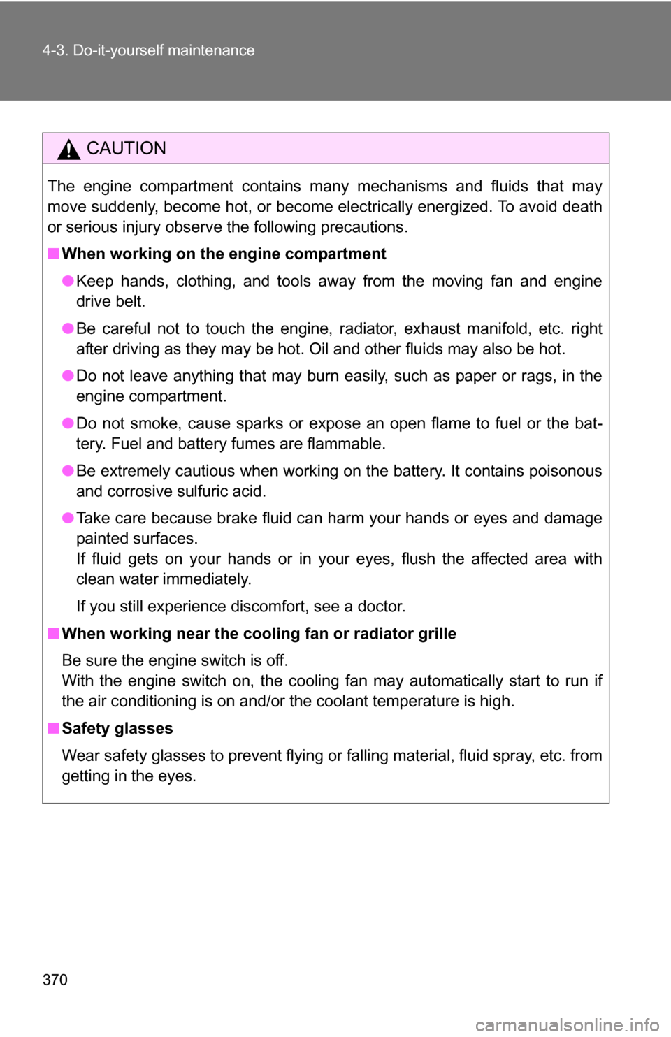 TOYOTA 4RUNNER 2009 N280 / 5.G Owners Manual 370 4-3. Do-it-yourself maintenance
CAUTION
The engine compartment contains many mechanisms and fluids that may
move suddenly, become hot, or become electrically energized. To avoid death
or serious i TOYOTA 4RUNNER 2009 N280 / 5.G Owners Manual 370 4-3. Do-it-yourself maintenance
CAUTION
The engine compartment contains many mechanisms and fluids that may
move suddenly, become hot, or become electrically energized. To avoid death
or serious i