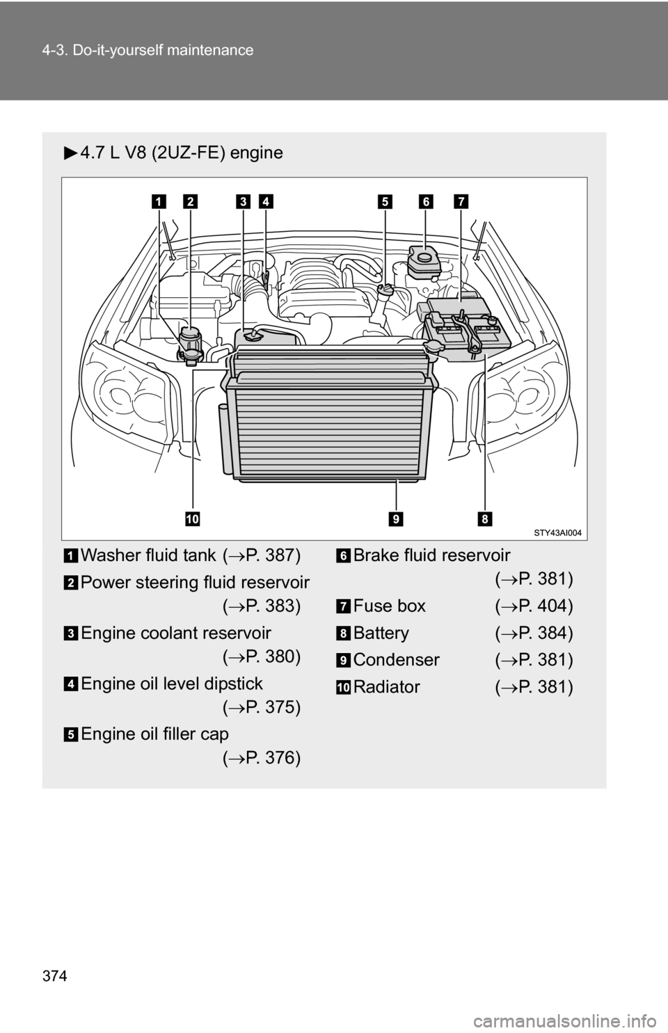 TOYOTA 4RUNNER 2009 N280 / 5.G Owners Manual 374 4-3. Do-it-yourself maintenance
4.7 L V8 (2UZ-FE) engine
Washer fluid tank (P. 387)
Power steering fluid reservoir ( P. 383)
Engine coolant reservoir ( P. 380)
Engine oil level dipstick (