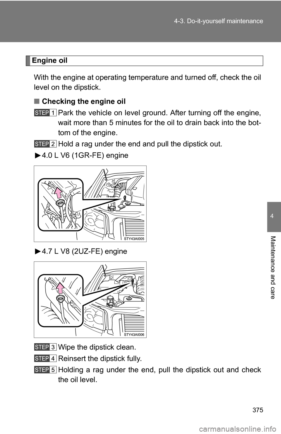 TOYOTA 4RUNNER 2009 N280 / 5.G Owners Manual 375
4-3. Do-it-yourself maintenance
4
Maintenance and care
Engine oil
With the engine at operating temperature and turned off, check the oil
level on the dipstick.
■ Checking the engine oil
Park the