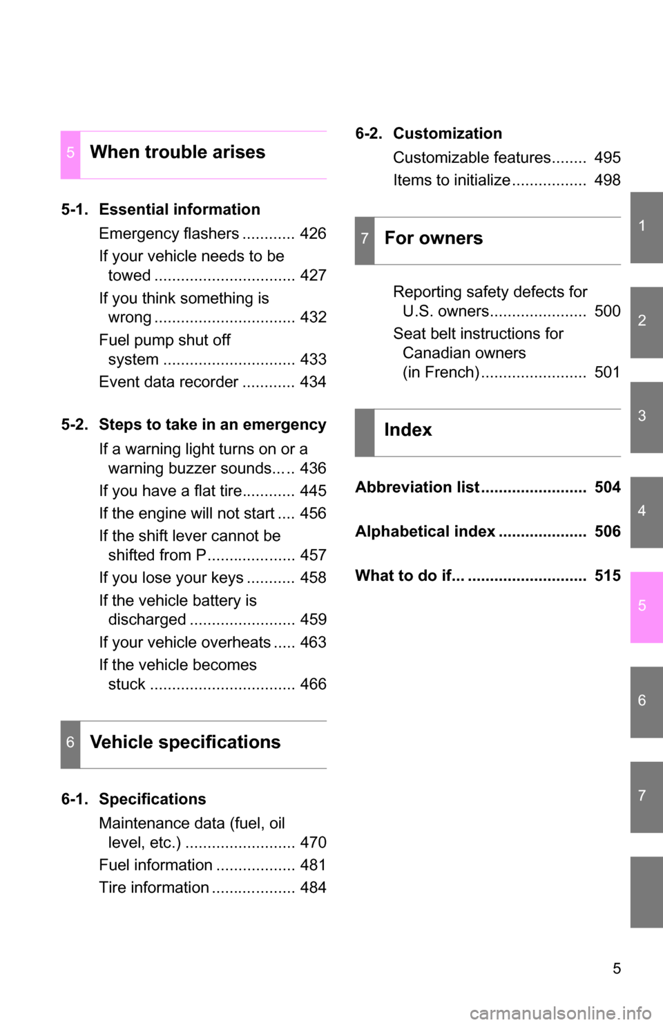 TOYOTA 4RUNNER 2009 N280 / 5.G Owners Manual 1
2
3
4
5
6
7
5
5-1. Essential informationEmergency flashers ............ 426
If your vehicle needs to be towed ................................ 427
If you think something is  wrong ..................