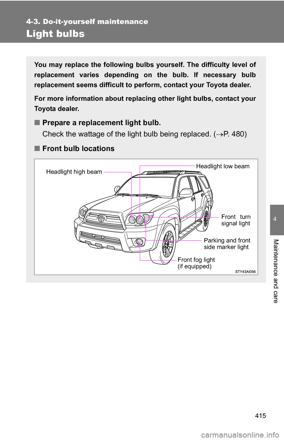 TOYOTA 4RUNNER 2009 N280 / 5.G Owners Manual 415
4-3. Do-it-yourself maintenance
4
Maintenance and care
Light bulbs
You may replace the following bulbs yourself. The difficulty level of
replacement varies depending on the bulb. If necessary bulb