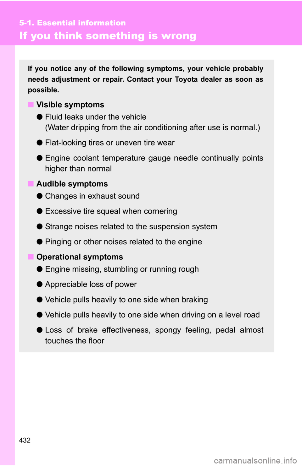 TOYOTA 4RUNNER 2009 N280 / 5.G Owners Manual 432
5-1. Essential information
If you think something is wrong
If you notice any of the following symptoms, your vehicle probably
needs adjustment or repair. Contact your Toyota dealer as soon as
poss TOYOTA 4RUNNER 2009 N280 / 5.G Owners Manual 432
5-1. Essential information
If you think something is wrong
If you notice any of the following symptoms, your vehicle probably
needs adjustment or repair. Contact your Toyota dealer as soon as
poss