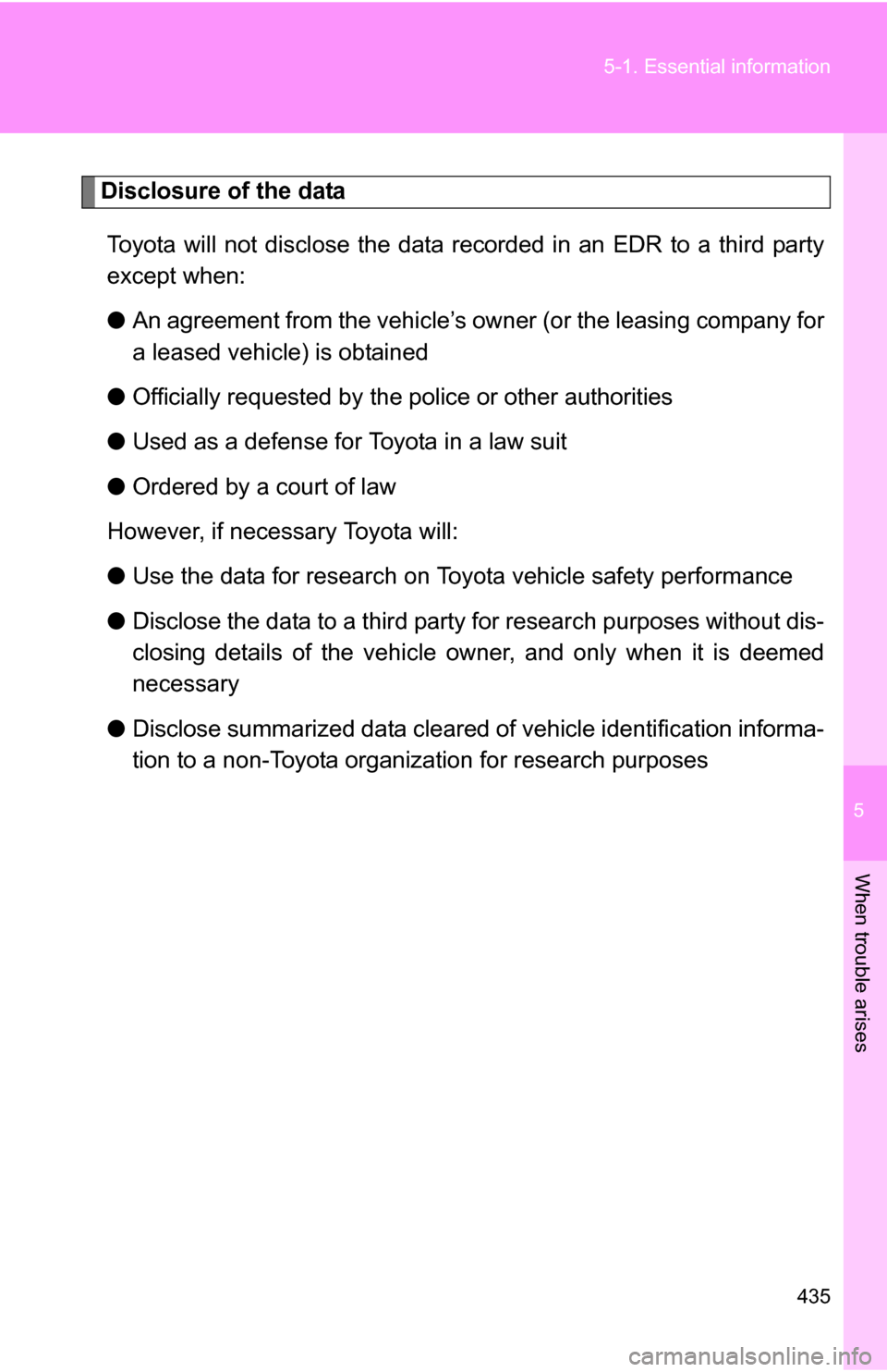 TOYOTA 4RUNNER 2009 N280 / 5.G Owners Manual 5
When trouble arises
435
5-1. Essential information
Disclosure of the data
Toyota will not disclose the data re corded in an EDR to a third party
except when:
● An agreement from the vehicle’s ow TOYOTA 4RUNNER 2009 N280 / 5.G Owners Manual 5
When trouble arises
435
5-1. Essential information
Disclosure of the data
Toyota will not disclose the data re corded in an EDR to a third party
except when:
● An agreement from the vehicle’s ow