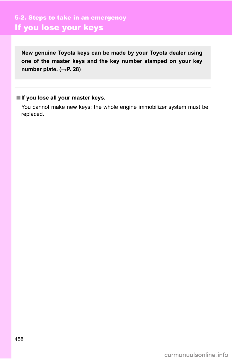 TOYOTA 4RUNNER 2009 N280 / 5.G Owners Manual 458
5-2. Steps to take in an emergency
If you lose your keys
■If you lose all your master keys.
You cannot make new keys; the whole engine immobilizer system must be
replaced.
New genuine Toyota key TOYOTA 4RUNNER 2009 N280 / 5.G Owners Manual 458
5-2. Steps to take in an emergency
If you lose your keys
■If you lose all your master keys.
You cannot make new keys; the whole engine immobilizer system must be
replaced.
New genuine Toyota key