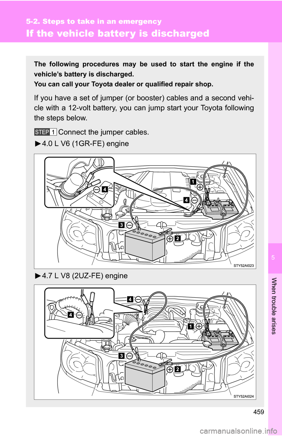 TOYOTA 4RUNNER 2009 N280 / 5.G Owners Manual 5
When trouble arises
459
5-2. Steps to take in an emergency
If the vehicle batter y is discharged
The following procedures may be used to start the engine if the
vehicle’s battery is discharged.
Yo TOYOTA 4RUNNER 2009 N280 / 5.G Owners Manual 5
When trouble arises
459
5-2. Steps to take in an emergency
If the vehicle batter y is discharged
The following procedures may be used to start the engine if the
vehicle’s battery is discharged.
Yo
