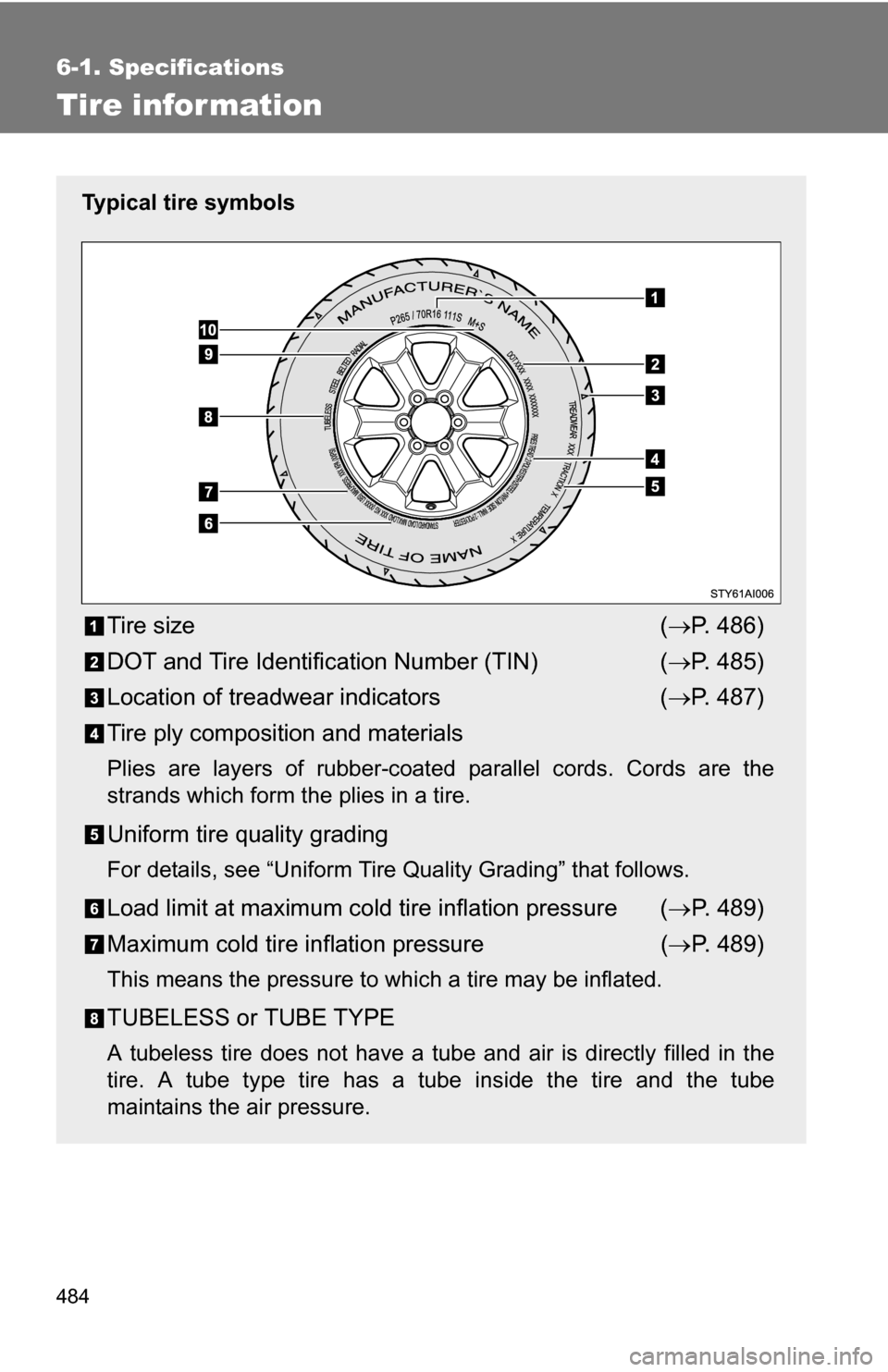 TOYOTA 4RUNNER 2009 N280 / 5.G Owners Manual 484
6-1. Specifications
Tire infor mation
Typical tire symbols
Tire size( P. 486)
DOT and Tire Identification Number (TIN) ( P. 485)
Location of treadwear indicators ( P. 487)
Tire ply compos TOYOTA 4RUNNER 2009 N280 / 5.G Owners Manual 484
6-1. Specifications
Tire infor mation
Typical tire symbols
Tire size( P. 486)
DOT and Tire Identification Number (TIN) ( P. 485)
Location of treadwear indicators ( P. 487)
Tire ply compos