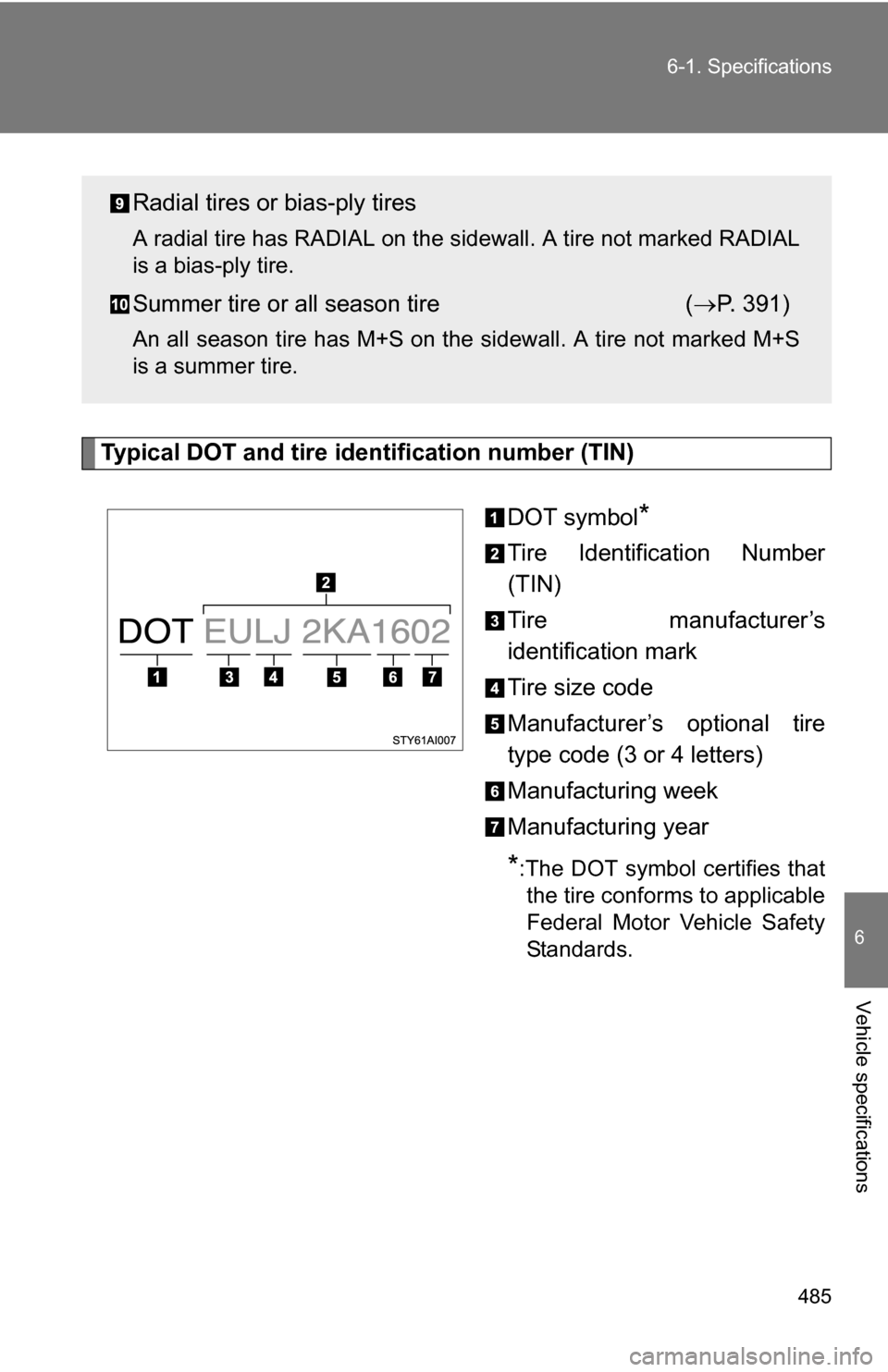 TOYOTA 4RUNNER 2009 N280 / 5.G Owners Manual 485
6-1. Specifications
6
Vehicle specifications
Typical DOT and tire identification number (TIN)
DOT symbol
*
Tire Identification Number
(TIN)
Tire manufacturer’s
identification mark
Tire size code TOYOTA 4RUNNER 2009 N280 / 5.G Owners Manual 485
6-1. Specifications
6
Vehicle specifications
Typical DOT and tire identification number (TIN)
DOT symbol
*
Tire Identification Number
(TIN)
Tire manufacturer’s
identification mark
Tire size code