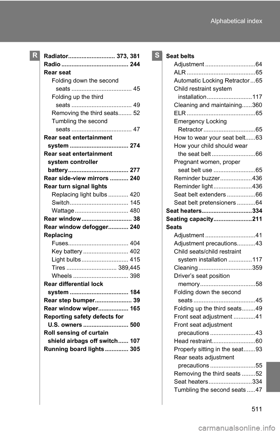 TOYOTA 4RUNNER 2009 N280 / 5.G Owners Manual 511
Alphabetical index
Radiator............................ 373, 381
Radio ........................................ 244
Rear seat
Folding down the second seats .................................... 45
TOYOTA 4RUNNER 2009 N280 / 5.G Owners Manual 511
Alphabetical index
Radiator............................ 373, 381
Radio ........................................ 244
Rear seat
Folding down the second seats .................................... 45