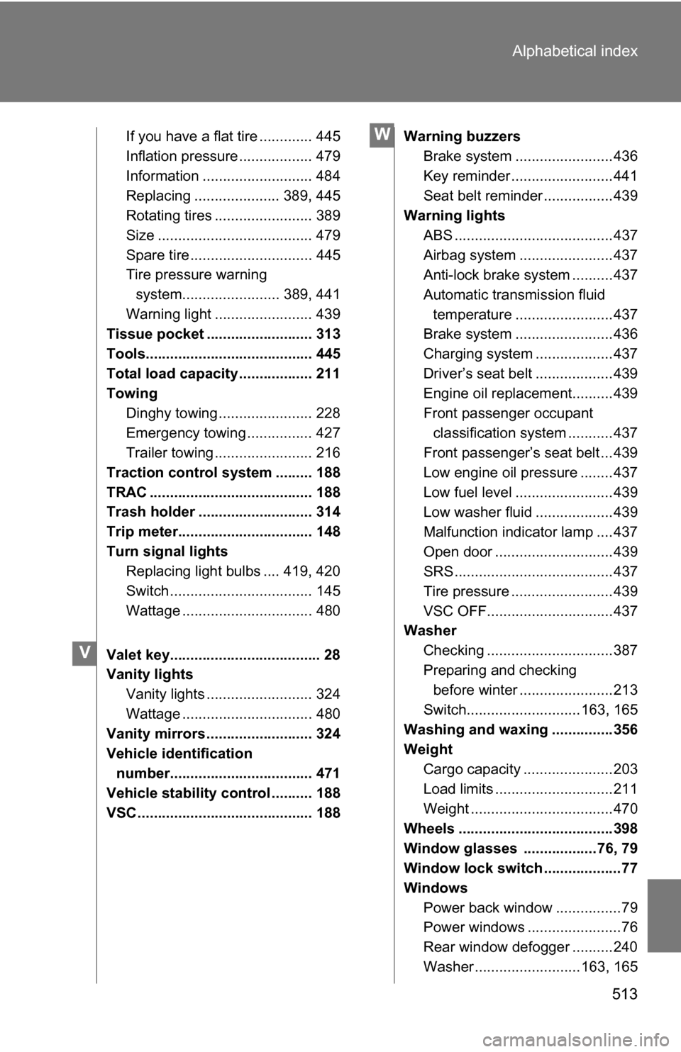 TOYOTA 4RUNNER 2009 N280 / 5.G Owners Manual 513
Alphabetical index
If you have a flat tire ............. 445
Inflation pressure .................. 479
Information ........................... 484
Replacing ..................... 389, 445
Rotating TOYOTA 4RUNNER 2009 N280 / 5.G Owners Manual 513
Alphabetical index
If you have a flat tire ............. 445
Inflation pressure .................. 479
Information ........................... 484
Replacing ..................... 389, 445
Rotating