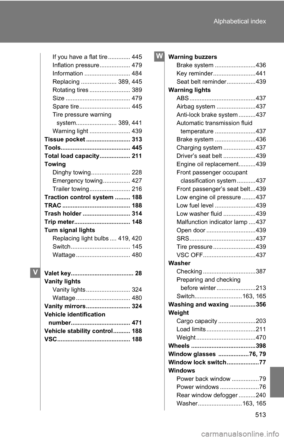 TOYOTA 4RUNNER 2009 N280 / 5.G Owners Manual 513
Alphabetical index
If you have a flat tire ............. 445
Inflation pressure .................. 479
Information ........................... 484
Replacing ..................... 389, 445
Rotating