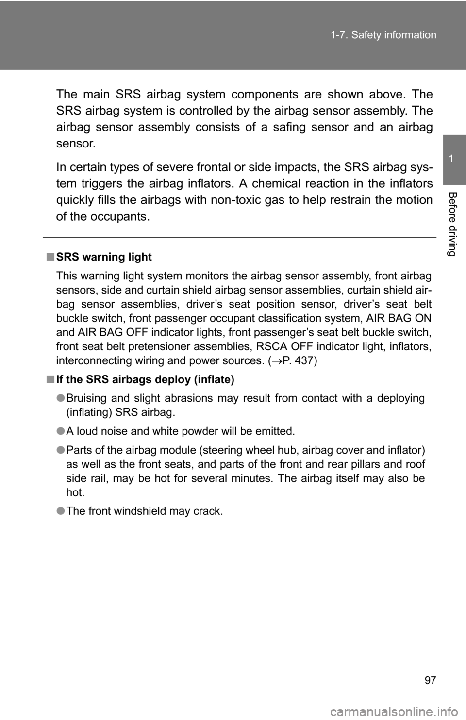 TOYOTA 4RUNNER 2009 N280 / 5.G Owners Manual 97
1-7. Safety information
1
Before driving
The main SRS airbag system components are shown above. The
SRS airbag system is controlled by
the airbag sensor assembly. The
airbag sensor assembly consis TOYOTA 4RUNNER 2009 N280 / 5.G Owners Manual 97
1-7. Safety information
1
Before driving
The main SRS airbag system components are shown above. The
SRS airbag system is controlled by
the airbag sensor assembly. The
airbag sensor assembly consis