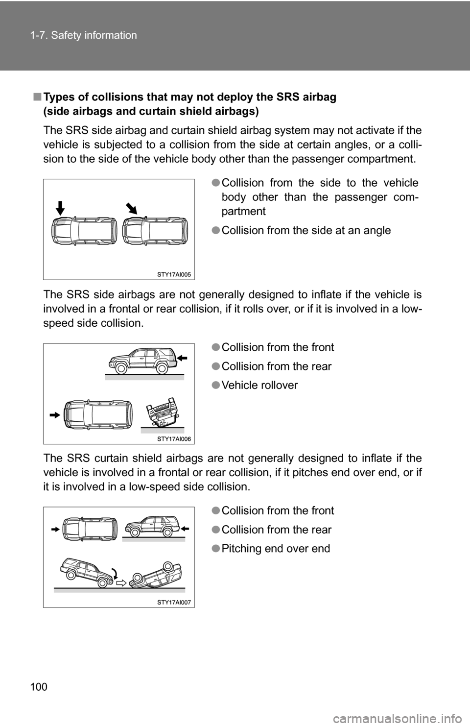 TOYOTA 4RUNNER 2009 N280 / 5.G Owners Manual 100 1-7. Safety information
■Types of collisions that may not deploy the SRS airbag
(side airbags and curtain shield airbags)
The SRS side airbag and curtain shield airbag system may not activate i TOYOTA 4RUNNER 2009 N280 / 5.G Owners Manual 100 1-7. Safety information
■Types of collisions that may not deploy the SRS airbag
(side airbags and curtain shield airbags)
The SRS side airbag and curtain shield airbag system may not activate i