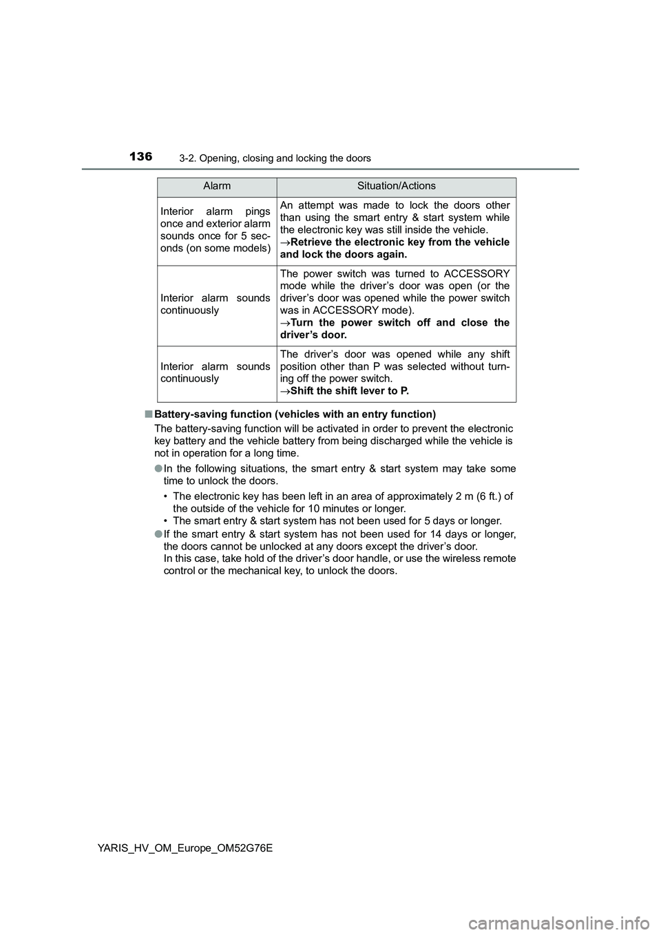TOYOTA YARIS HYBRID 2017 Owners Manual 1363-2. Opening, closing and locking the doors
YARIS_HV_OM_Europe_OM52G76E
■ Battery-saving function (vehicles with an entry function)
The battery-saving function will be activated in order to pre TOYOTA YARIS HYBRID 2017 Owners Manual 1363-2. Opening, closing and locking the doors
YARIS_HV_OM_Europe_OM52G76E
■ Battery-saving function (vehicles with an entry function)
The battery-saving function will be activated in order to pre