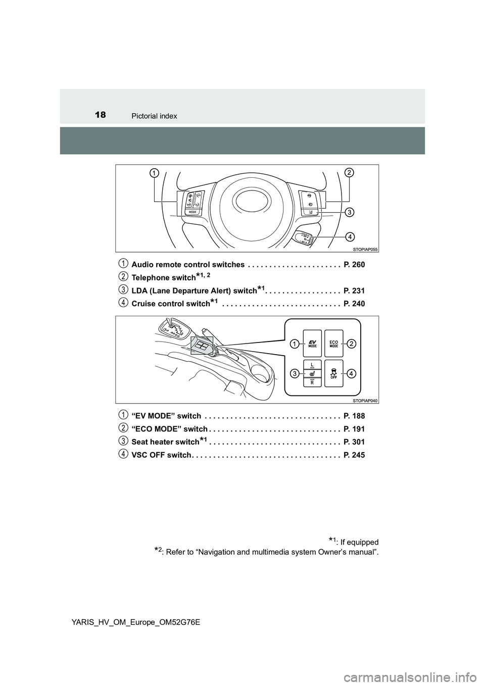 TOYOTA YARIS HYBRID 2017 User Guide 18Pictorial index
YARIS_HV_OM_Europe_OM52G76E 
Audio remote control switches  . . . . . . . . . . . . . . . . . . . . . .  P. 260 
Telephone switch*1, 2
LDA (Lane Departure Alert) switch*1. . . . . . 