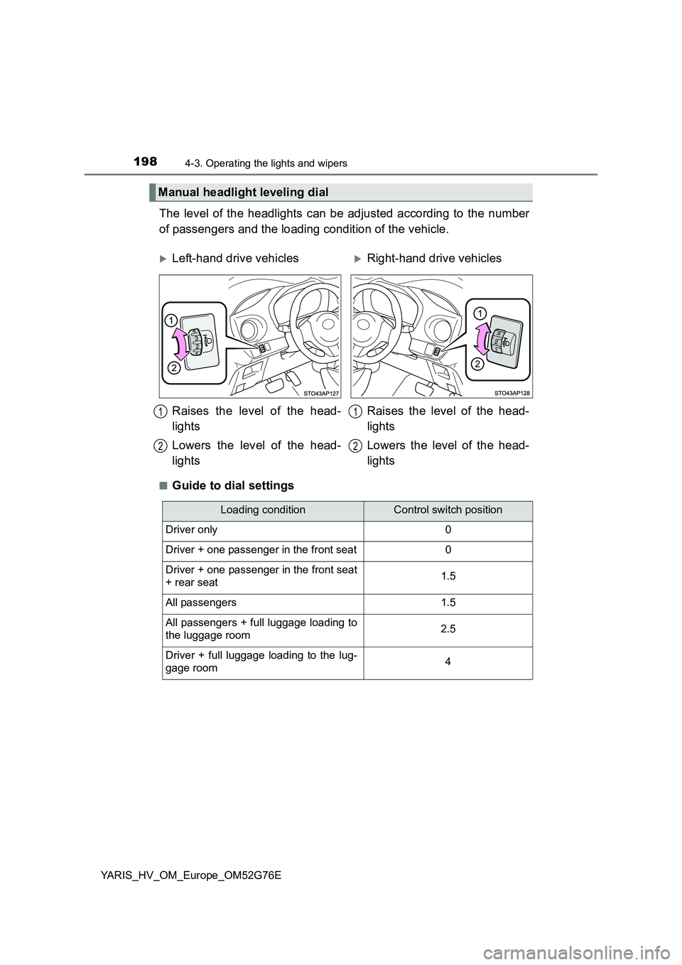 TOYOTA YARIS HYBRID 2017  Owners Manual 1984-3. Operating the lights and wipers
YARIS_HV_OM_Europe_OM52G76E
The level of the headlights can be adjusted according to the number 
of passengers and the loading condition of the vehicle.
■Guid
