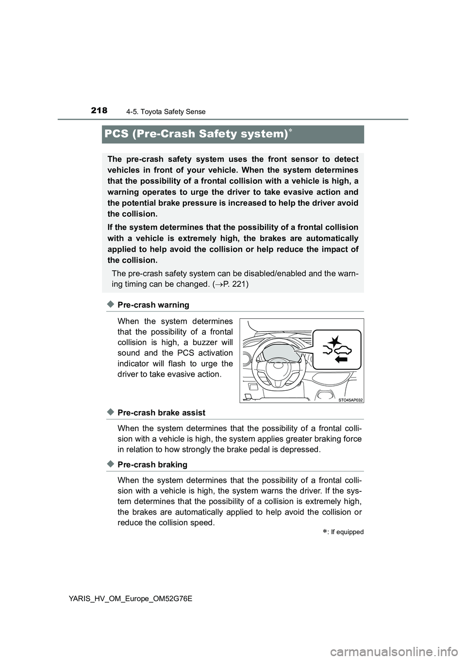 TOYOTA YARIS HYBRID 2017 Owners Manual 2184-5. Toyota Safety Sense
YARIS_HV_OM_Europe_OM52G76E
PCS (Pre-Crash Safety system)
◆Pre-crash warning
When the system determines
that the possibility of a frontal
collision is high, a buzze TOYOTA YARIS HYBRID 2017 Owners Manual 2184-5. Toyota Safety Sense
YARIS_HV_OM_Europe_OM52G76E
PCS (Pre-Crash Safety system)
◆Pre-crash warning
When the system determines
that the possibility of a frontal
collision is high, a buzze