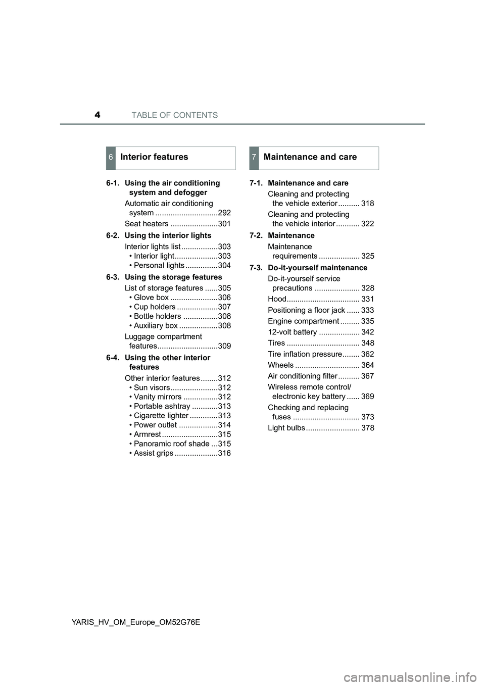 TOYOTA YARIS HYBRID 2017 Owners Manual TABLE OF CONTENTS4
YARIS_HV_OM_Europe_OM52G76E
6-1. Using the air conditioning
system and defogger
Automatic air conditioning
system .............................292
Seat heaters .............. TOYOTA YARIS HYBRID 2017 Owners Manual TABLE OF CONTENTS4
YARIS_HV_OM_Europe_OM52G76E
6-1. Using the air conditioning
system and defogger
Automatic air conditioning
system .............................292
Seat heaters ..............