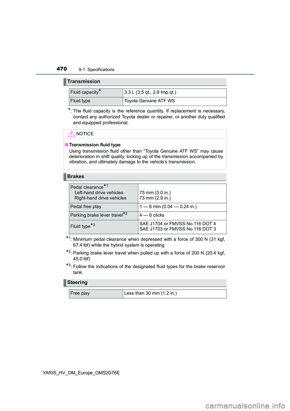 TOYOTA YARIS HYBRID 2017 Owners Manual 4709-1. Specifications
YARIS_HV_OM_Europe_OM52G76E
*: The fluid capacity is the reference quantity. If replacement is necessary,
contact any authorized Toyota dealer or repairer, or another duly qual TOYOTA YARIS HYBRID 2017 Owners Manual 4709-1. Specifications
YARIS_HV_OM_Europe_OM52G76E
*: The fluid capacity is the reference quantity. If replacement is necessary,
contact any authorized Toyota dealer or repairer, or another duly qual