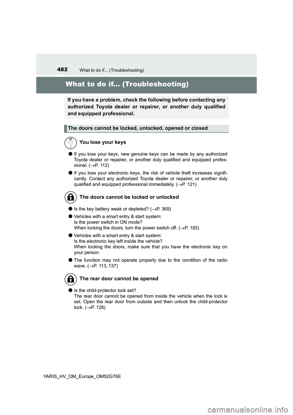 TOYOTA YARIS HYBRID 2017 Owners Manual 482What to do if... (Troubleshooting)
YARIS_HV_OM_Europe_OM52G76E
What to do if... (Troubleshooting)
●If you lose your keys, new genuine keys can be made by any authorized
Toyota dealer or repairer TOYOTA YARIS HYBRID 2017 Owners Manual 482What to do if... (Troubleshooting)
YARIS_HV_OM_Europe_OM52G76E
What to do if... (Troubleshooting)
●If you lose your keys, new genuine keys can be made by any authorized
Toyota dealer or repairer