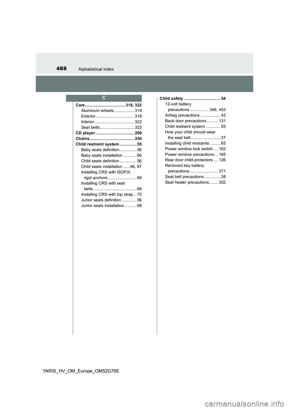 TOYOTA YARIS HYBRID 2017 Owners Manual 488Alphabetical index
YARIS_HV_OM_Europe_OM52G76E
Care ................................... 318, 322
Aluminum wheels .................. 319
Exterior.................................. 318
Interior ... TOYOTA YARIS HYBRID 2017 Owners Manual 488Alphabetical index
YARIS_HV_OM_Europe_OM52G76E
Care ................................... 318, 322
Aluminum wheels .................. 319
Exterior.................................. 318
Interior ...