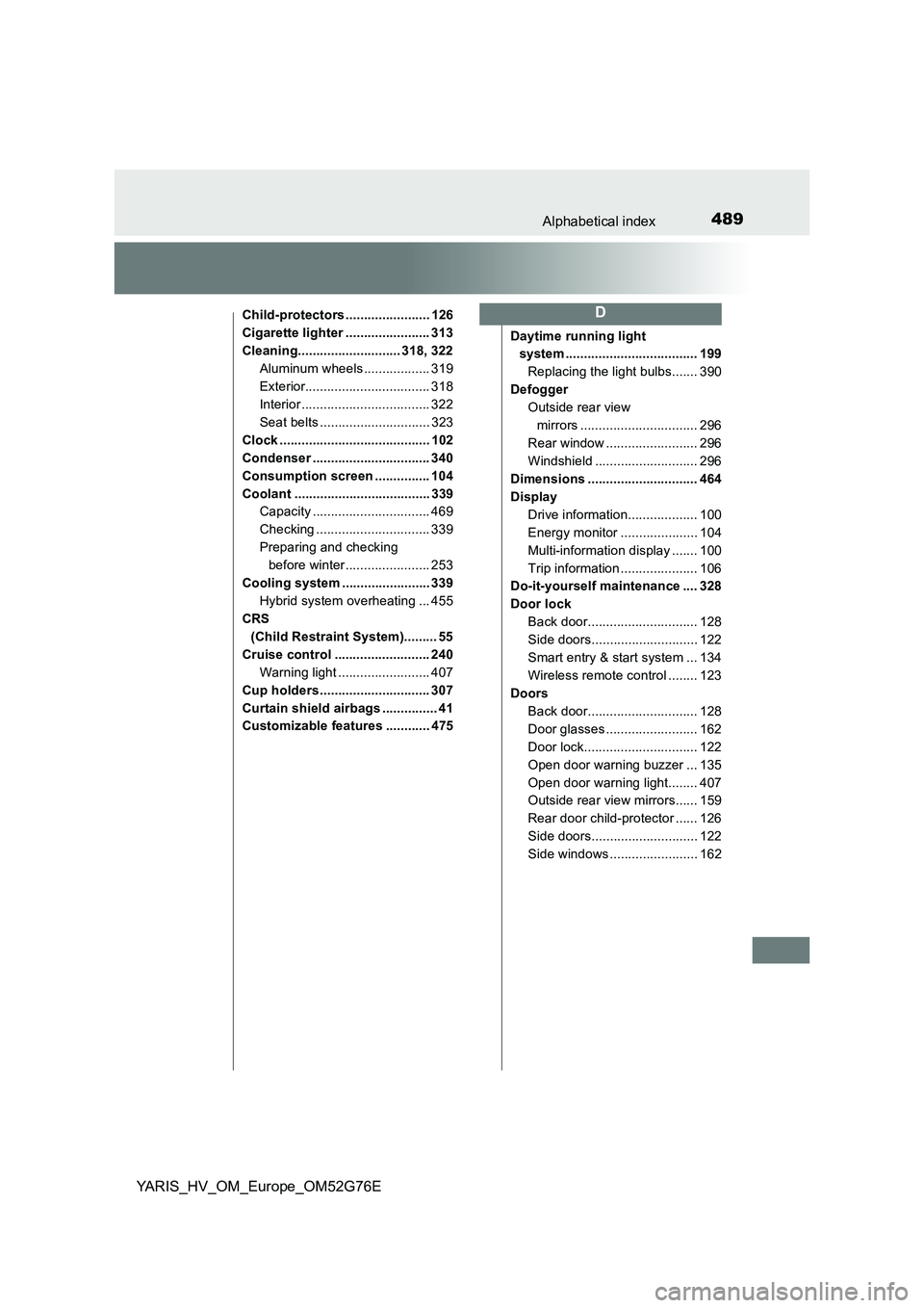 TOYOTA YARIS HYBRID 2017 Owners Manual 489Alphabetical index
YARIS_HV_OM_Europe_OM52G76E
Child-protectors ....................... 126
Cigarette lighter ....................... 313
Cleaning............................ 318, 322
Aluminum whe TOYOTA YARIS HYBRID 2017 Owners Manual 489Alphabetical index
YARIS_HV_OM_Europe_OM52G76E
Child-protectors ....................... 126
Cigarette lighter ....................... 313
Cleaning............................ 318, 322
Aluminum whe