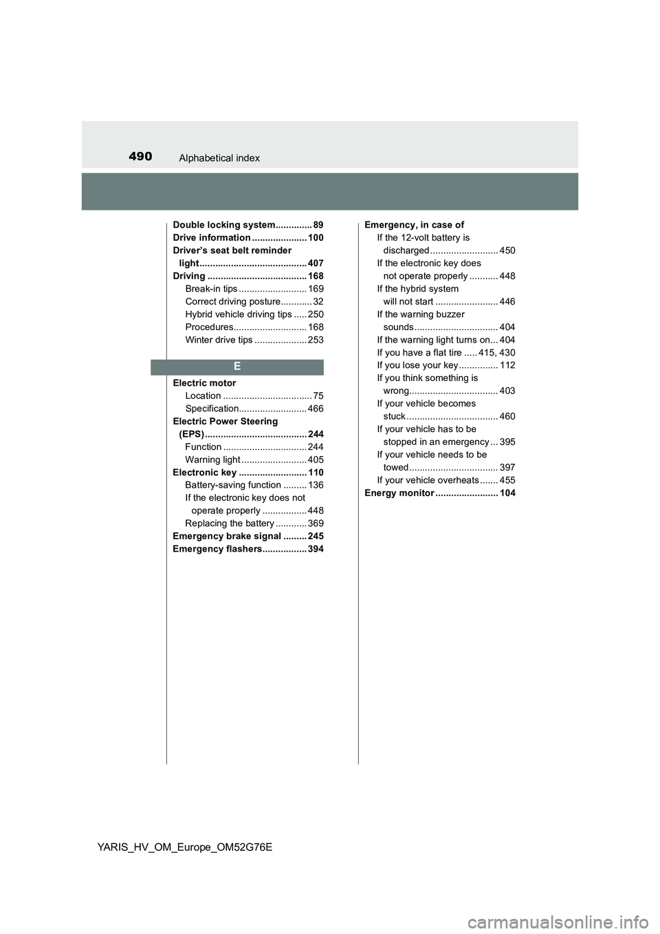 TOYOTA YARIS HYBRID 2017 Owners Manual 490Alphabetical index
YARIS_HV_OM_Europe_OM52G76E
Double locking system.............. 89
Drive information ..................... 100
Driver’s seat belt reminder
light ............................. TOYOTA YARIS HYBRID 2017 Owners Manual 490Alphabetical index
YARIS_HV_OM_Europe_OM52G76E
Double locking system.............. 89
Drive information ..................... 100
Driver’s seat belt reminder
light .............................