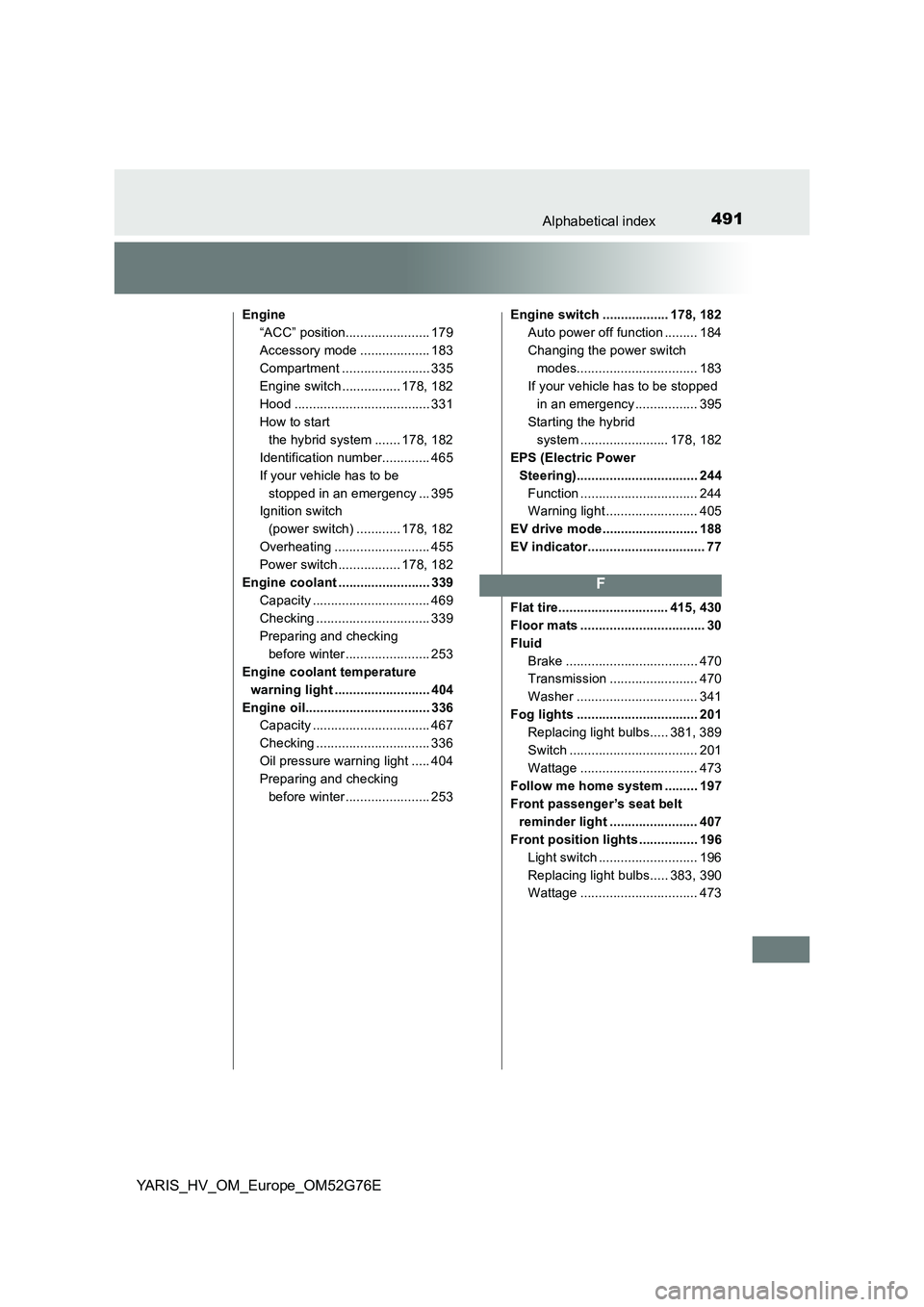 TOYOTA YARIS HYBRID 2017 Owners Manual 491Alphabetical index
YARIS_HV_OM_Europe_OM52G76E
Engine
“ACC” position....................... 179
Accessory mode ................... 183
Compartment ........................ 335
Engine switch . TOYOTA YARIS HYBRID 2017 Owners Manual 491Alphabetical index
YARIS_HV_OM_Europe_OM52G76E
Engine
“ACC” position....................... 179
Accessory mode ................... 183
Compartment ........................ 335
Engine switch .