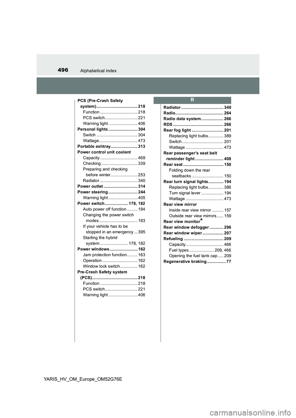 TOYOTA YARIS HYBRID 2017 Owners Manual 496Alphabetical index
YARIS_HV_OM_Europe_OM52G76E
PCS (Pre-Crash Safety
system) ................................... 218
Function ................................ 218
PCS switch...................... TOYOTA YARIS HYBRID 2017 Owners Manual 496Alphabetical index
YARIS_HV_OM_Europe_OM52G76E
PCS (Pre-Crash Safety
system) ................................... 218
Function ................................ 218
PCS switch......................