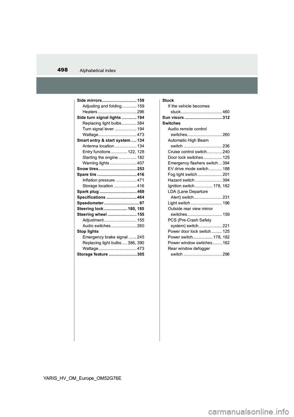 TOYOTA YARIS HYBRID 2017 Owners Manual 498Alphabetical index
YARIS_HV_OM_Europe_OM52G76E
Side mirrors.............................. 159
Adjusting and folding............. 159
Heaters ................................. 296
Side turn signal TOYOTA YARIS HYBRID 2017 Owners Manual 498Alphabetical index
YARIS_HV_OM_Europe_OM52G76E
Side mirrors.............................. 159
Adjusting and folding............. 159
Heaters ................................. 296
Side turn signal