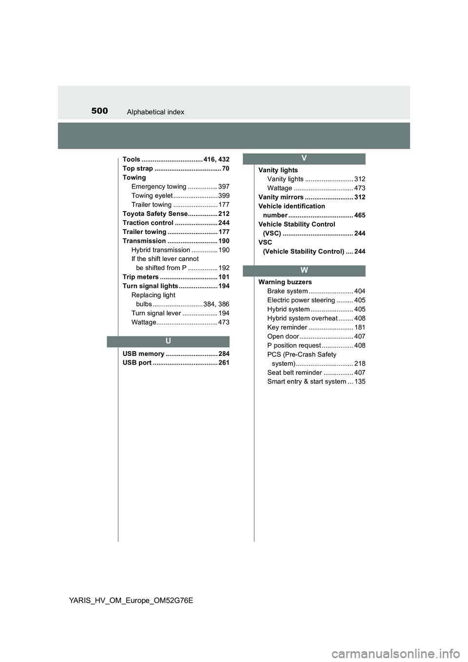 TOYOTA YARIS HYBRID 2017 Owners Manual 500Alphabetical index
YARIS_HV_OM_Europe_OM52G76E
Tools ................................. 416, 432
Top strap .................................... 70
Towing
Emergency towing ................ 397
Towi TOYOTA YARIS HYBRID 2017 Owners Manual 500Alphabetical index
YARIS_HV_OM_Europe_OM52G76E
Tools ................................. 416, 432
Top strap .................................... 70
Towing
Emergency towing ................ 397
Towi