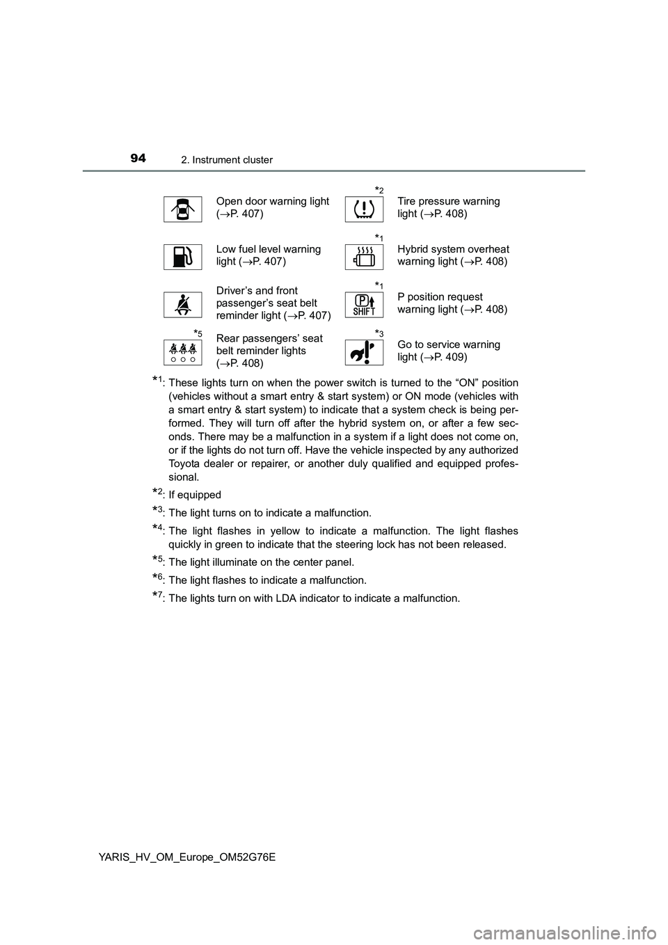 TOYOTA YARIS HYBRID 2017 Owners Manual 942. Instrument cluster
YARIS_HV_OM_Europe_OM52G76E
*1: These lights turn on when the power switch is turned to the “ON” position
(vehicles without a smart entry & star t system) or ON mode (vehi TOYOTA YARIS HYBRID 2017 Owners Manual 942. Instrument cluster
YARIS_HV_OM_Europe_OM52G76E
*1: These lights turn on when the power switch is turned to the “ON” position
(vehicles without a smart entry & star t system) or ON mode (vehi