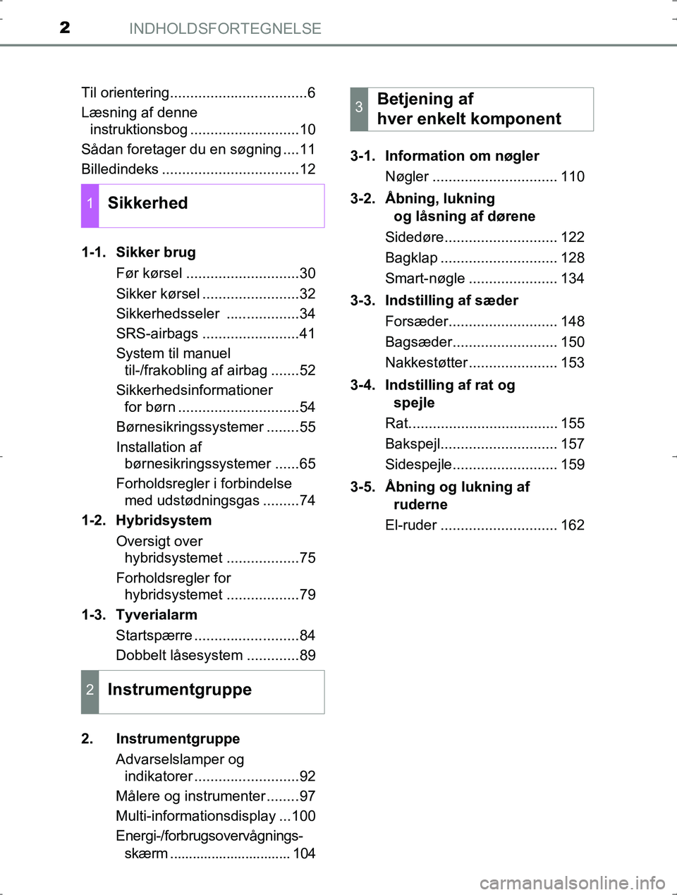 TOYOTA YARIS HYBRID 2017  Brugsanvisning (in Danish) INDHOLDSFORTEGNELSE2
OM52J30DKTil orientering..................................6
Læsning af denne 
instruktionsbog ...........................10
Sådan foretager du en søgning ....11
Billedindeks ..