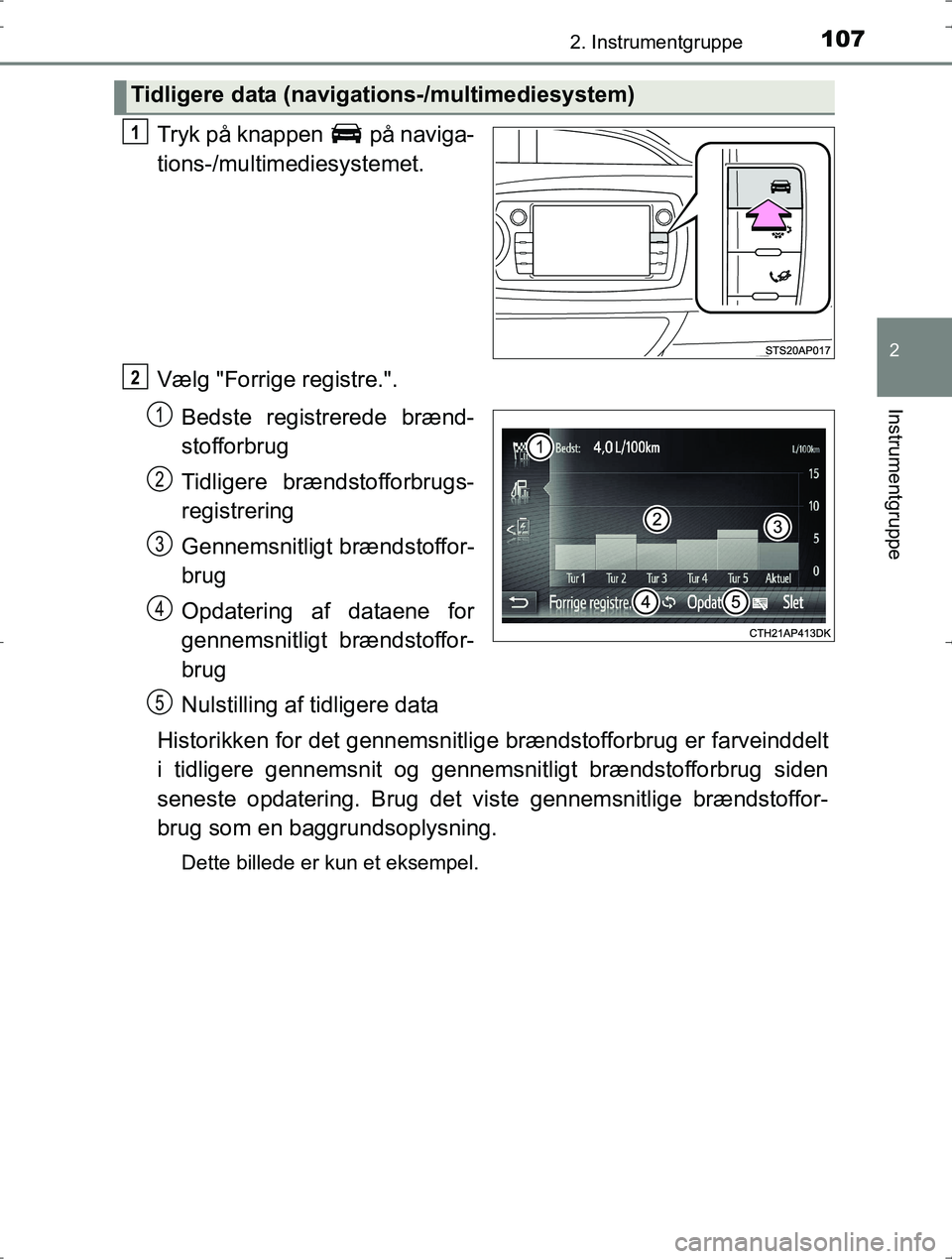 TOYOTA YARIS HYBRID 2016 Brugsanvisning (in Danish) 1072. Instrumentgruppe
2
Instrumentgruppe
OM52J30DK
Tryk på knappen på naviga-
tions-/multimediesystemet.
Vælg "Forrige registre.".Bedste registrerede brænd-
stofforbrug
Tidligere brændstofforb TOYOTA YARIS HYBRID 2016 Brugsanvisning (in Danish) 1072. Instrumentgruppe
2
Instrumentgruppe
OM52J30DK
Tryk på knappen på naviga-
tions-/multimediesystemet.
Vælg "Forrige registre.".Bedste registrerede brænd-
stofforbrug
Tidligere brændstofforb
