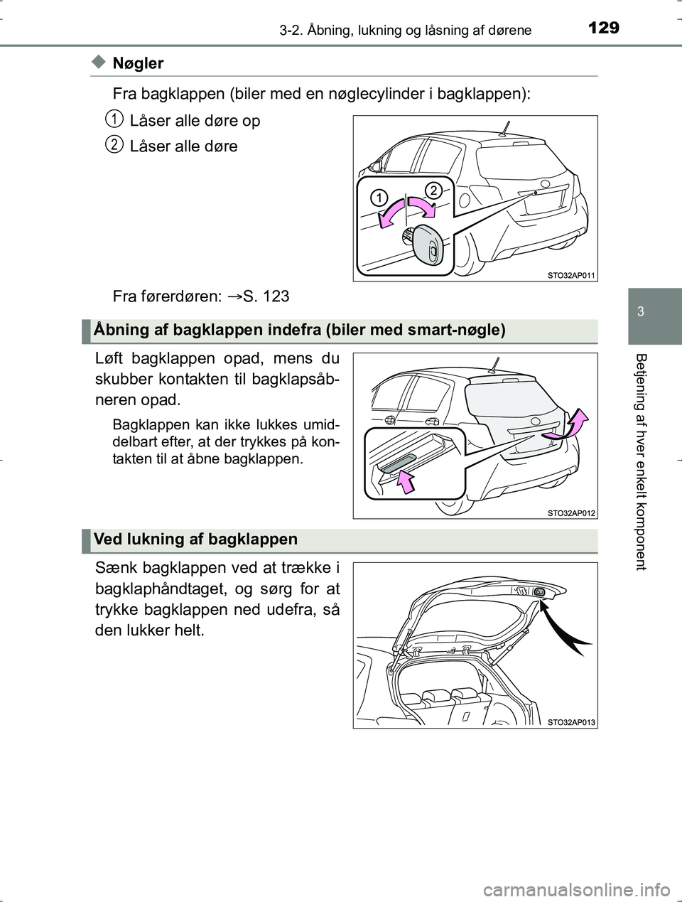 TOYOTA YARIS HYBRID 2016 Brugsanvisning (in Danish) 1293-2. Åbning, lukning og låsning af dørene
3
Betjening af hver enkelt komponent
OM52J30DK
uNøgler
Fra bagklappen (biler med en nøglecylinder i bagklappen):Låser alle døre op
Låser alle døre TOYOTA YARIS HYBRID 2016 Brugsanvisning (in Danish) 1293-2. Åbning, lukning og låsning af dørene
3
Betjening af hver enkelt komponent
OM52J30DK
uNøgler
Fra bagklappen (biler med en nøglecylinder i bagklappen):Låser alle døre op
Låser alle døre
