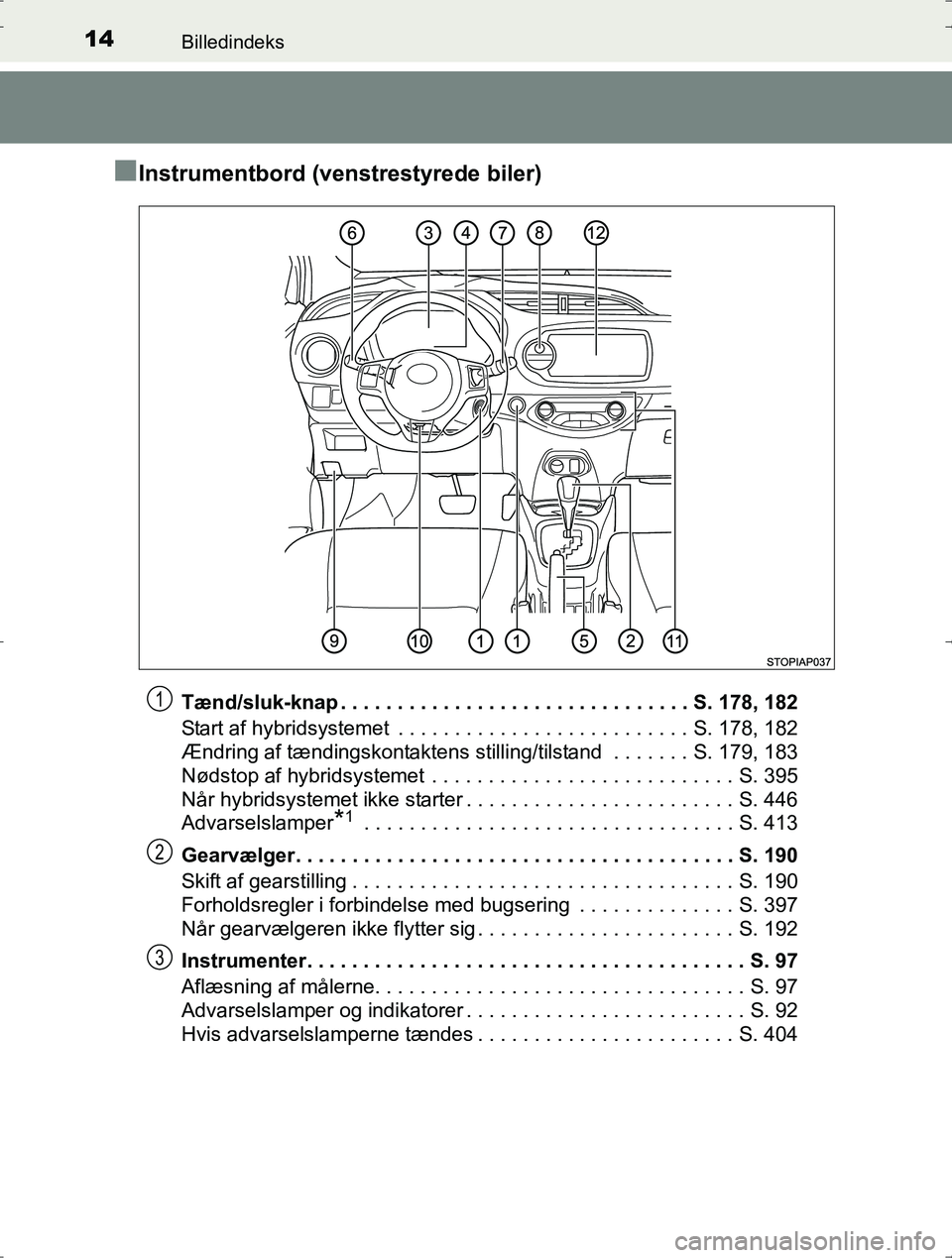 TOYOTA YARIS HYBRID 2016 Brugsanvisning (in Danish) 14Billedindeks
OM52J30DK
nInstrumentbord (venstrestyrede biler)
Tænd/sluk-knap . . . . . . . . . . . . . . . . . . . . . . . . . . . . . . . S. 178, 182
Start af hybridsystemet . . . . . . . . . . . TOYOTA YARIS HYBRID 2016 Brugsanvisning (in Danish) 14Billedindeks
OM52J30DK
nInstrumentbord (venstrestyrede biler)
Tænd/sluk-knap . . . . . . . . . . . . . . . . . . . . . . . . . . . . . . . S. 178, 182
Start af hybridsystemet . . . . . . . . . . .