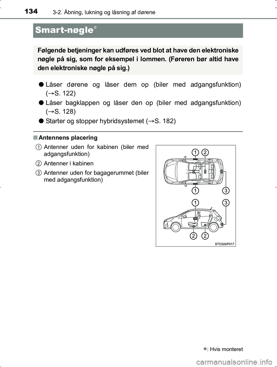 TOYOTA YARIS HYBRID 2016 Brugsanvisning (in Danish) 1343-2. Åbning, lukning og låsning af dørene
OM52J30DK
Smart-nøgle
lLåser dørene og låser dem op (biler med adgangsfunktion)
( S. 122)
l Låser bagklappen og låser den op (biler med adga TOYOTA YARIS HYBRID 2016 Brugsanvisning (in Danish) 1343-2. Åbning, lukning og låsning af dørene
OM52J30DK
Smart-nøgle
lLåser dørene og låser dem op (biler med adgangsfunktion)
( S. 122)
l Låser bagklappen og låser den op (biler med adga