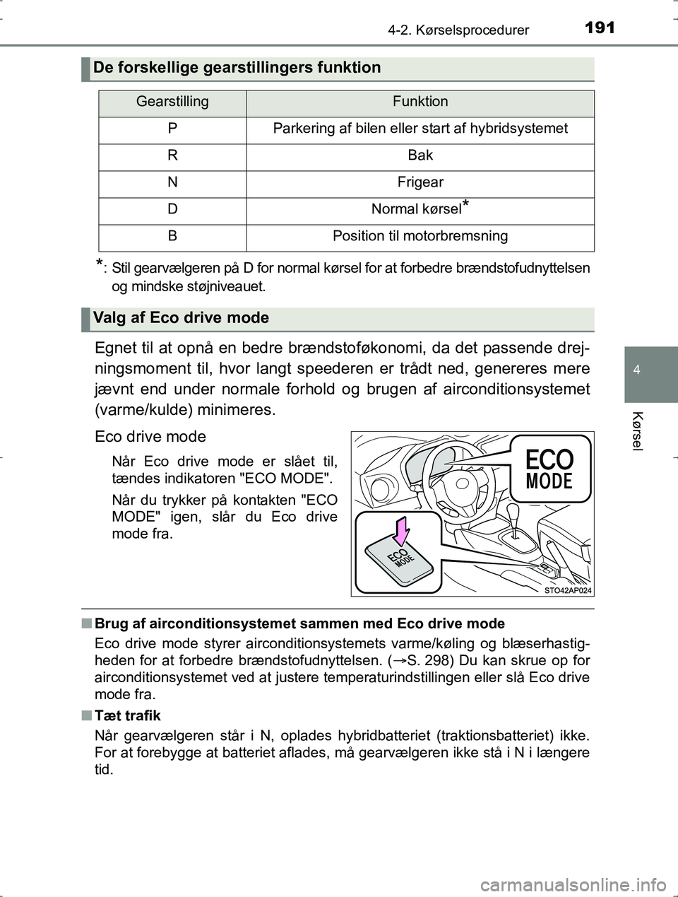 TOYOTA YARIS HYBRID 2016 Brugsanvisning (in Danish) 1914-2. Kørselsprocedurer
4
Kørsel
OM52J30DK
*: Stil gearvælgeren på D for normal kørsel for at forbedre brændstofudnyttelsen
og mindske støjniveauet.
Egnet til at opnå en bedre brændstoføko TOYOTA YARIS HYBRID 2016 Brugsanvisning (in Danish) 1914-2. Kørselsprocedurer
4
Kørsel
OM52J30DK
*: Stil gearvælgeren på D for normal kørsel for at forbedre brændstofudnyttelsen
og mindske støjniveauet.
Egnet til at opnå en bedre brændstoføko